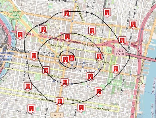Map of Philadelphia with generator station and surrounding fire houses